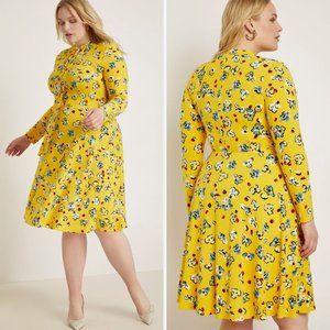 Eloquii Yellow Floral Tie Neck Jersey Midi Dress